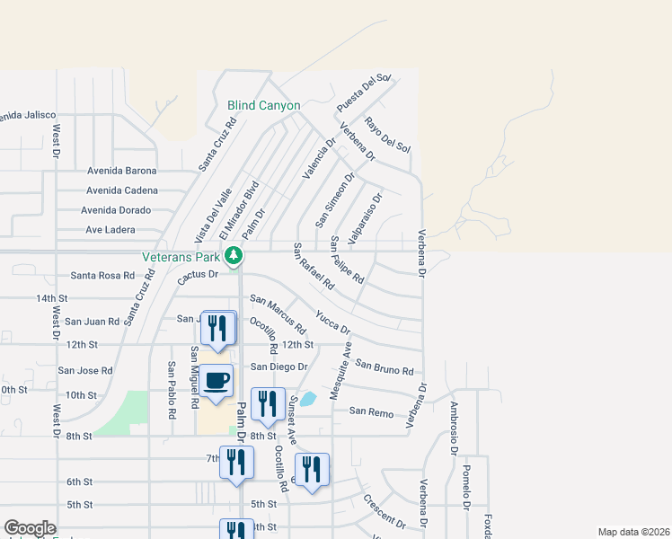 map of restaurants, bars, coffee shops, grocery stores, and more near 66741 San Felipe Road in Desert Hot Springs