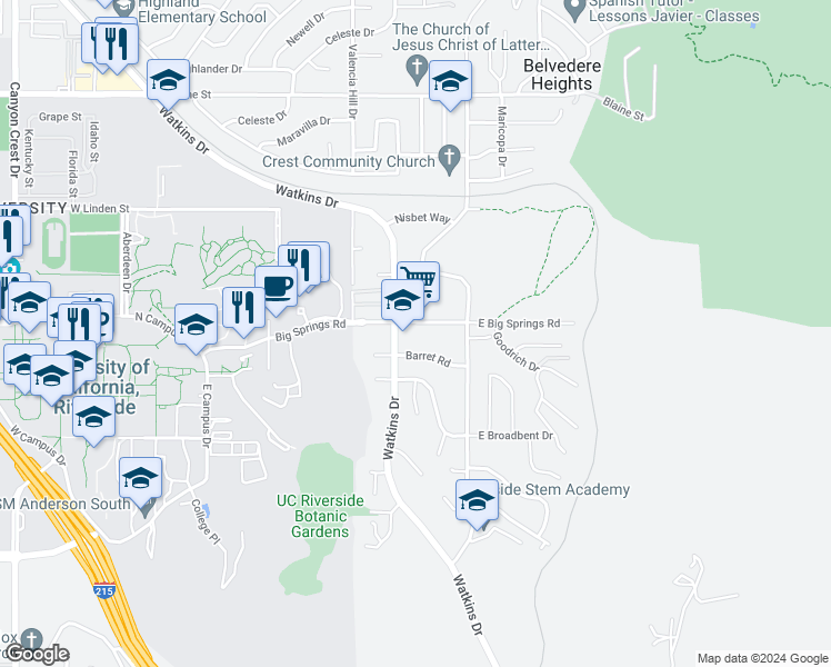 map of restaurants, bars, coffee shops, grocery stores, and more near 200 West Big Springs Road in Riverside