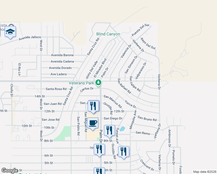 map of restaurants, bars, coffee shops, grocery stores, and more near 66535 Yucca Drive in Desert Hot Springs
