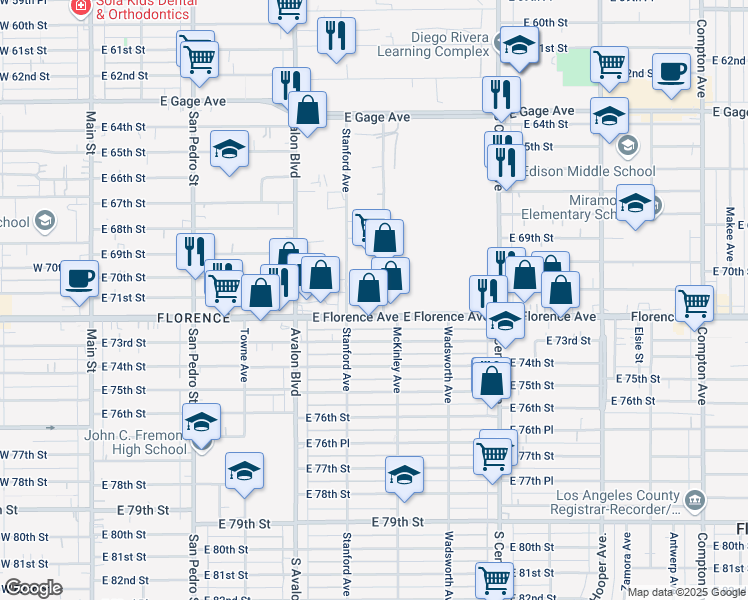 map of restaurants, bars, coffee shops, grocery stores, and more near 737 East Florence Avenue in Los Angeles