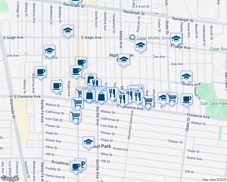 map of restaurants, bars, coffee shops, grocery stores, and more near 7015 Templeton Street in Huntington Park