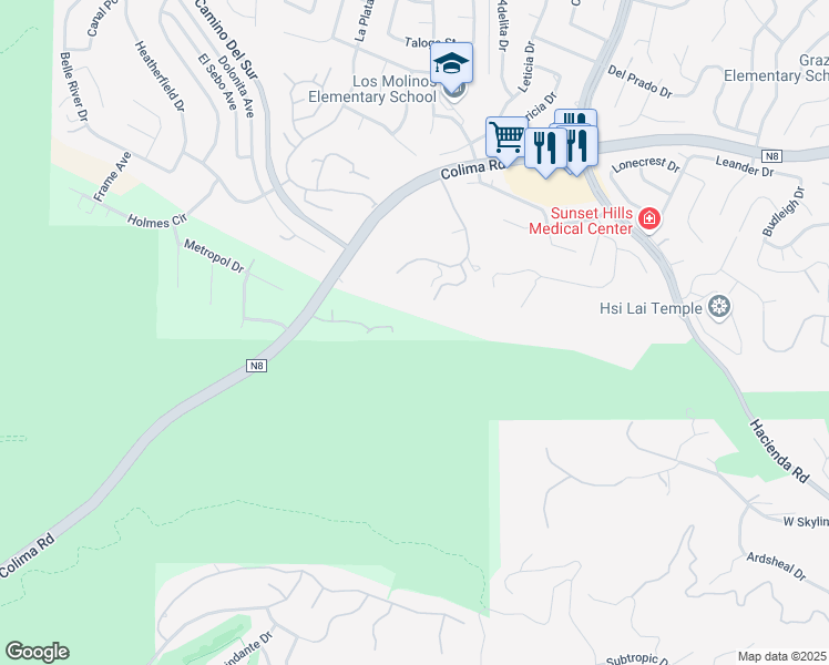 map of restaurants, bars, coffee shops, grocery stores, and more near 15475 East Skyline Drive in Hacienda Heights