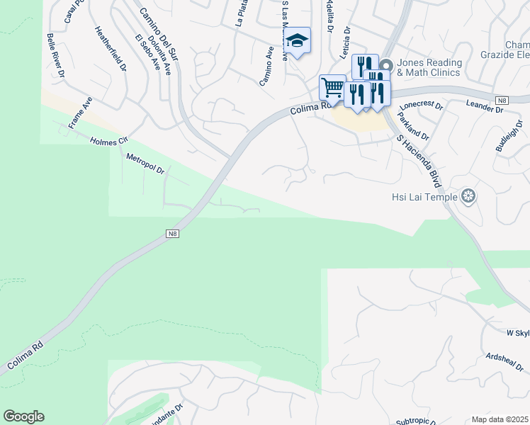 map of restaurants, bars, coffee shops, grocery stores, and more near 15477 East Skyline Drive in Hacienda Heights