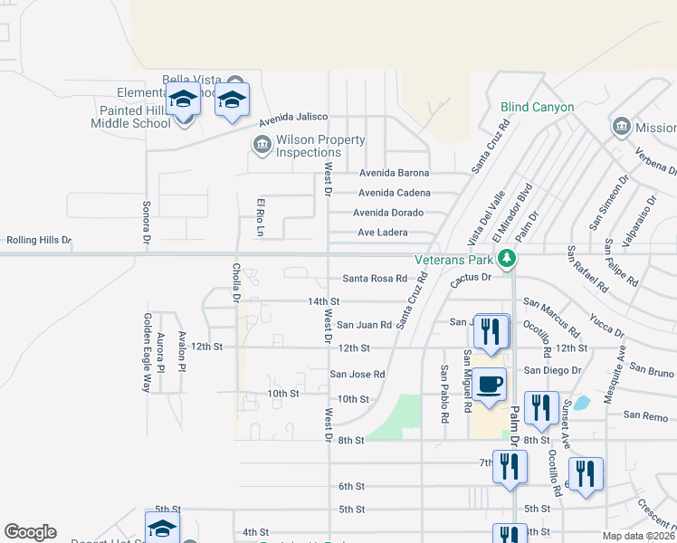 map of restaurants, bars, coffee shops, grocery stores, and more near 66033 Santa Rosa Road in Desert Hot Springs