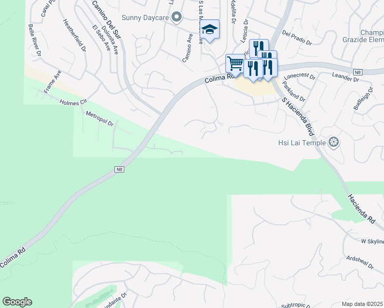 map of restaurants, bars, coffee shops, grocery stores, and more near 15475 East Skyline Drive in Hacienda Heights