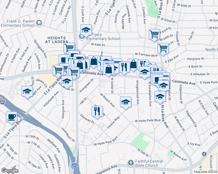 map of restaurants, bars, coffee shops, grocery stores, and more near 921 North Cedar Street in Inglewood