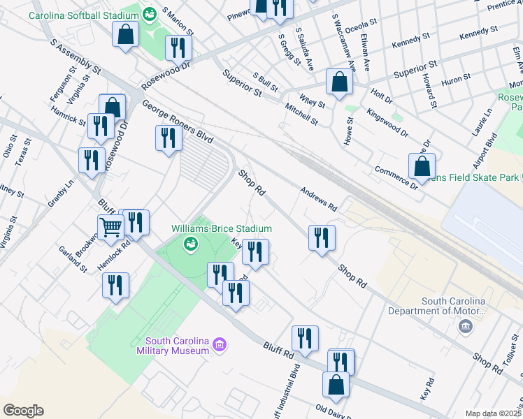 map of restaurants, bars, coffee shops, grocery stores, and more near 1085 Shop Road in Columbia