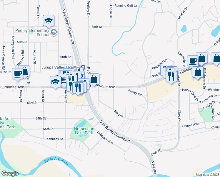 map of restaurants, bars, coffee shops, grocery stores, and more near 8616 Limonite Avenue in Riverside