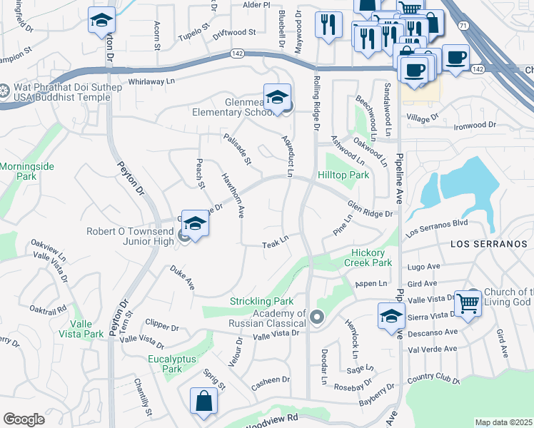 map of restaurants, bars, coffee shops, grocery stores, and more near 15288 Laguna Court in Chino Hills