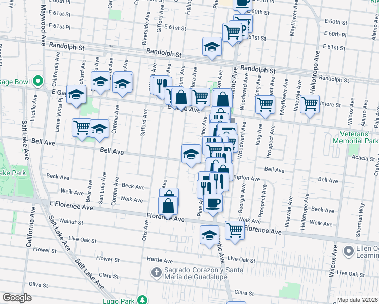 map of restaurants, bars, coffee shops, grocery stores, and more near 6721 Flora Avenue in Bell