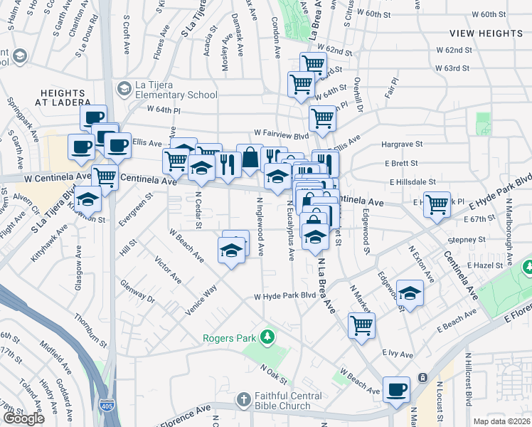 map of restaurants, bars, coffee shops, grocery stores, and more near 920 North Inglewood Avenue in Inglewood