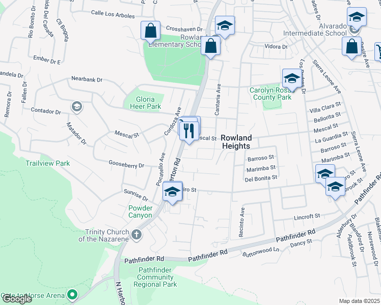 map of restaurants, bars, coffee shops, grocery stores, and more near 2430 Fullerton Road in Rowland Heights