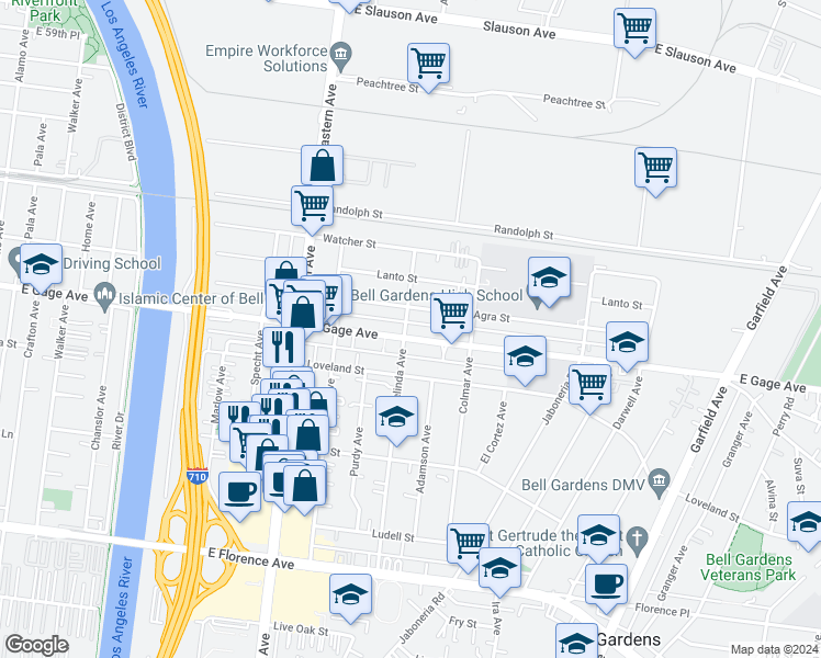 map of restaurants, bars, coffee shops, grocery stores, and more near 5901 Gage Avenue in Bell Gardens