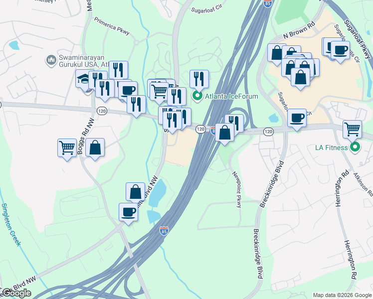 map of restaurants, bars, coffee shops, grocery stores, and more near 2360 Stephens Center Drive in Duluth