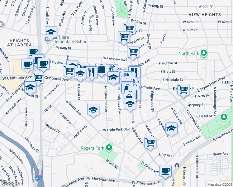 map of restaurants, bars, coffee shops, grocery stores, and more near 921 North Eucalyptus Avenue in Inglewood