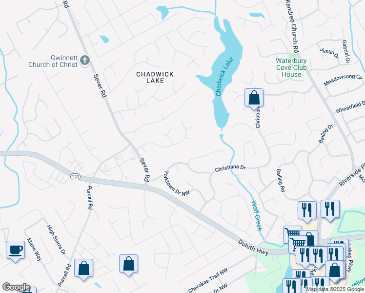 map of restaurants, bars, coffee shops, grocery stores, and more near 1300 Sever Woods Drive Northwest in Lawrenceville