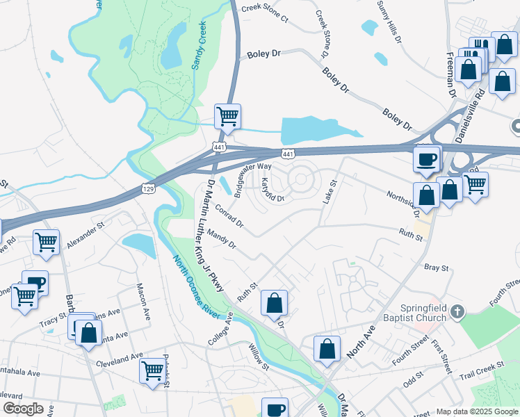 map of restaurants, bars, coffee shops, grocery stores, and more near 248 Fern Ridge Court in Athens