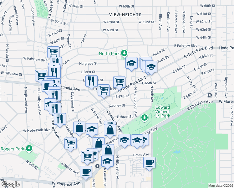 map of restaurants, bars, coffee shops, grocery stores, and more near 564 East 67th Street in Inglewood