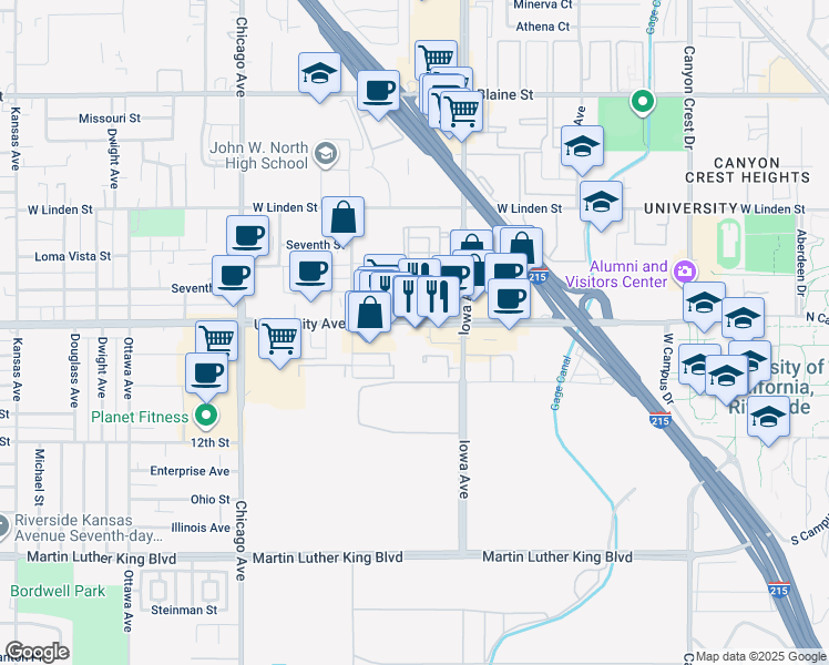 map of restaurants, bars, coffee shops, grocery stores, and more near 1400 University Avenue in Riverside