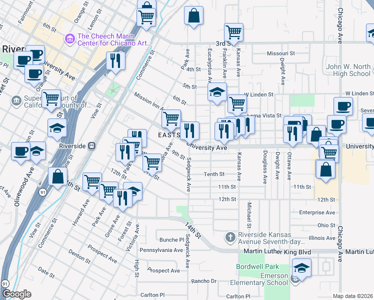 map of restaurants, bars, coffee shops, grocery stores, and more near 3835 Sedgwick Avenue in Riverside