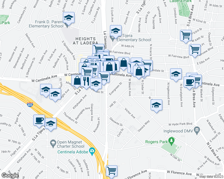 map of restaurants, bars, coffee shops, grocery stores, and more near 559 Evergreen Street in Inglewood