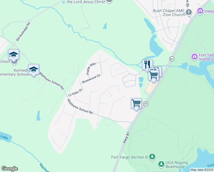 map of restaurants, bars, coffee shops, grocery stores, and more near 528 Fort Street in Winder