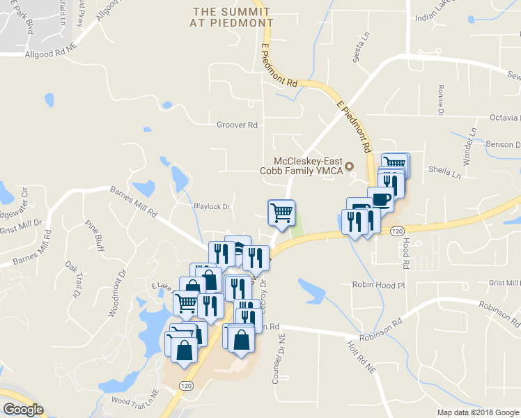 map of restaurants, bars, coffee shops, grocery stores, and more near 1021 Braswell Road in Marietta