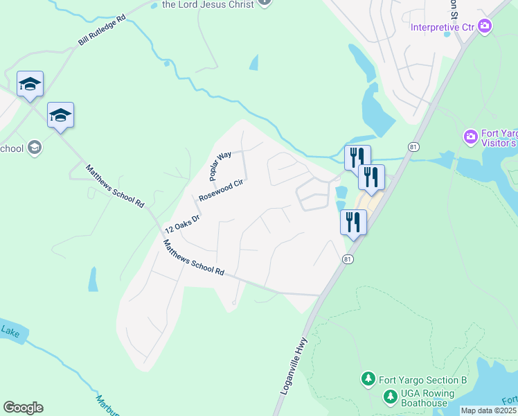 map of restaurants, bars, coffee shops, grocery stores, and more near 524 Fort Street in Winder