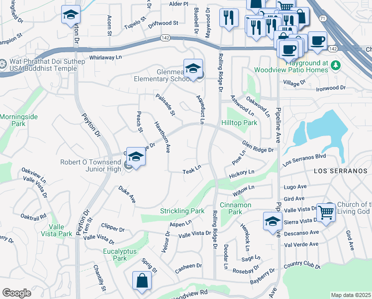 map of restaurants, bars, coffee shops, grocery stores, and more near 15288 Laguna Court in Chino Hills