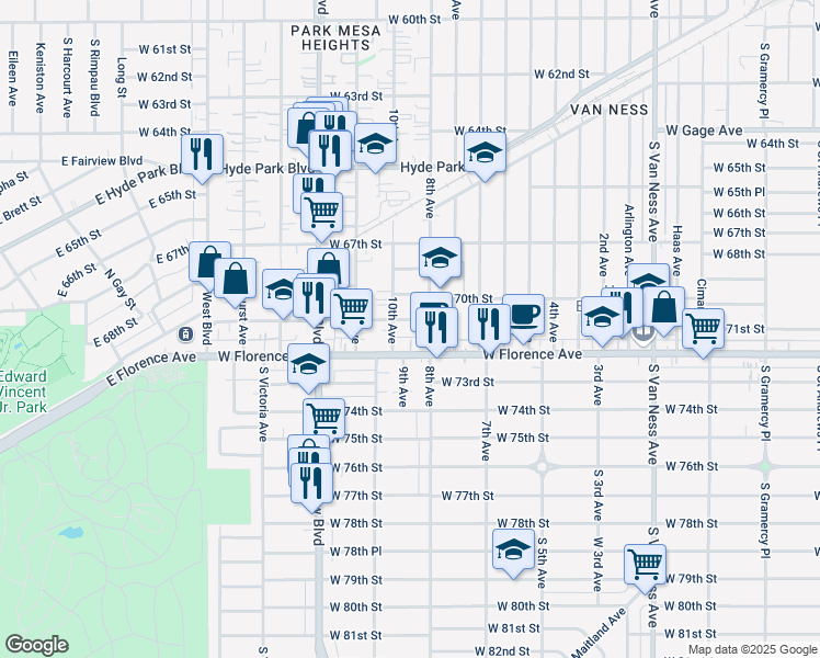 map of restaurants, bars, coffee shops, grocery stores, and more near 3121 West Florence Avenue in Los Angeles