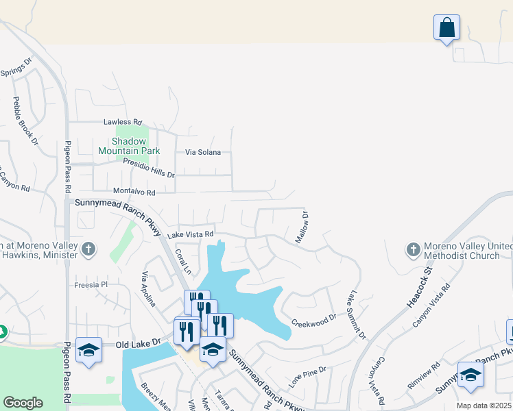 map of restaurants, bars, coffee shops, grocery stores, and more near 10001 Deep Canyon Road in Moreno Valley