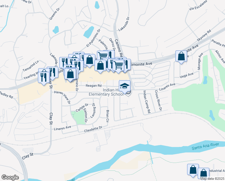 map of restaurants, bars, coffee shops, grocery stores, and more near 7750 Linares Avenue in Riverside