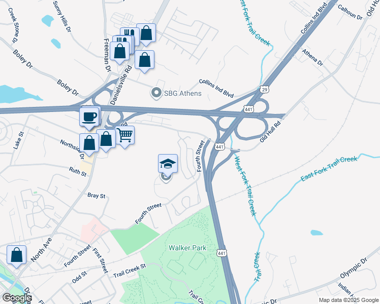 map of restaurants, bars, coffee shops, grocery stores, and more near 105 Oak Hill Drive in Athens