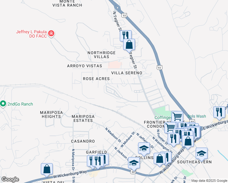 map of restaurants, bars, coffee shops, grocery stores, and more near 550 Palm Drive in Wickenburg