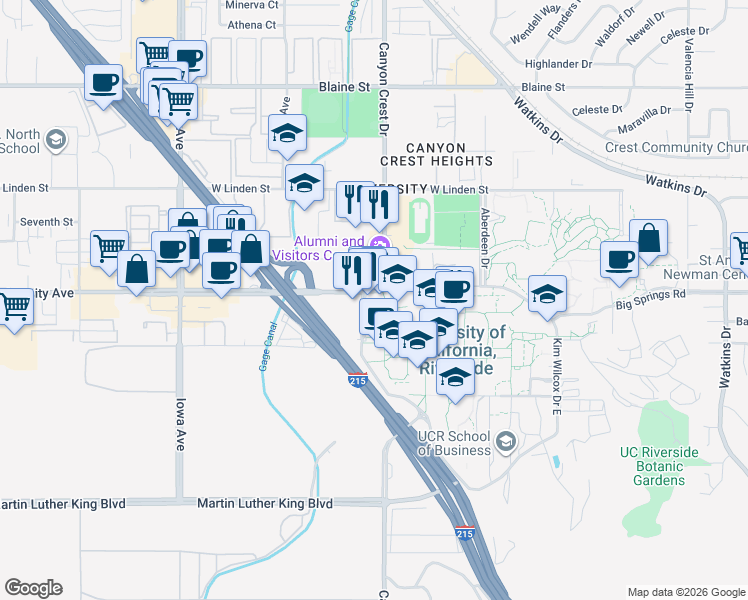 map of restaurants, bars, coffee shops, grocery stores, and more near 900 University Avenue in Riverside
