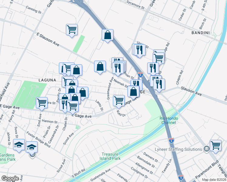 map of restaurants, bars, coffee shops, grocery stores, and more near 7105 Watcher Street in Commerce