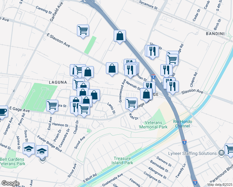 map of restaurants, bars, coffee shops, grocery stores, and more near 7105 Watcher Street in Commerce