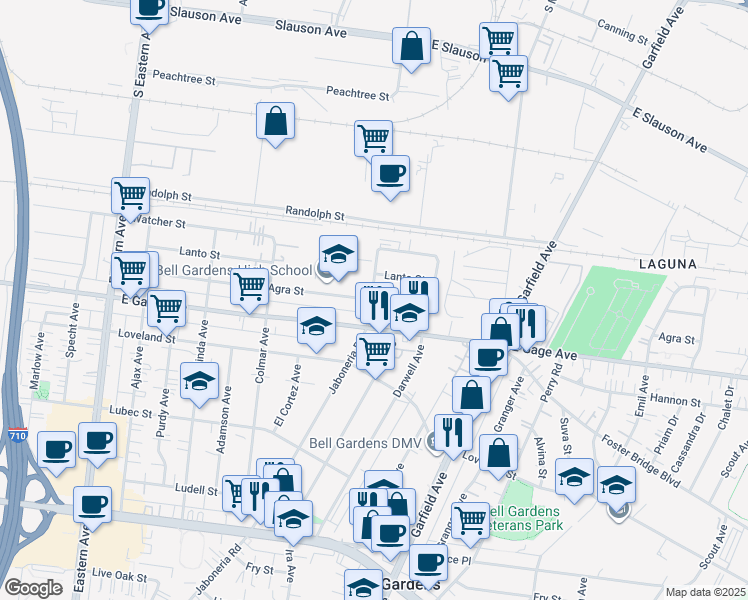 map of restaurants, bars, coffee shops, grocery stores, and more near 6216 1/2 Agra Street in Bell Gardens