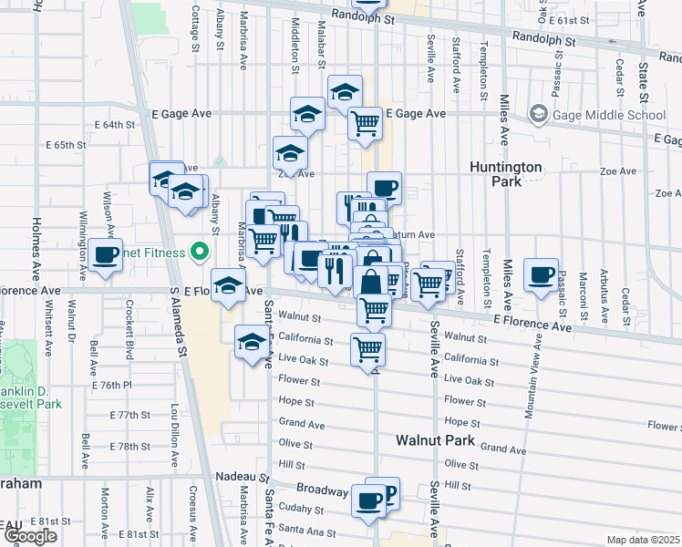 map of restaurants, bars, coffee shops, grocery stores, and more near 7116 Malabar Street in Huntington Park