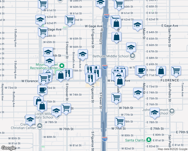 map of restaurants, bars, coffee shops, grocery stores, and more near in Los Angeles