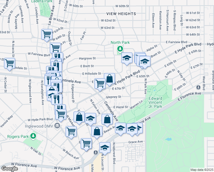 map of restaurants, bars, coffee shops, grocery stores, and more near 524 East Hyde Park Boulevard in Inglewood