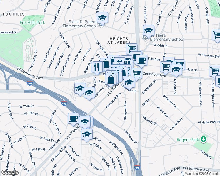 map of restaurants, bars, coffee shops, grocery stores, and more near 6946 1/2 La Tijera Boulevard in Los Angeles