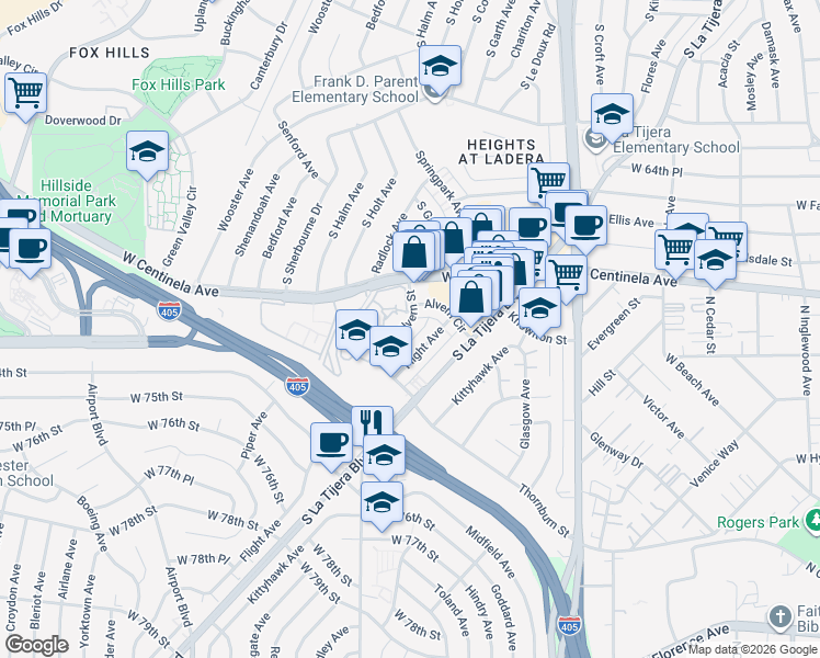 map of restaurants, bars, coffee shops, grocery stores, and more near 7100 Alvern Street in Los Angeles
