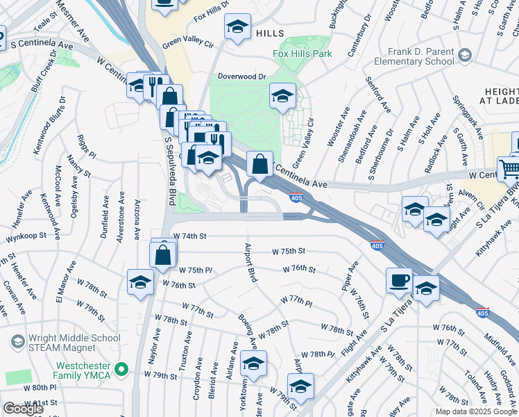 map of restaurants, bars, coffee shops, grocery stores, and more near 5900 Center Drive in Los Angeles