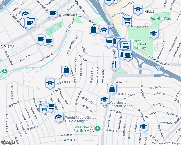 map of restaurants, bars, coffee shops, grocery stores, and more near 7311 Dunfield Avenue in Los Angeles