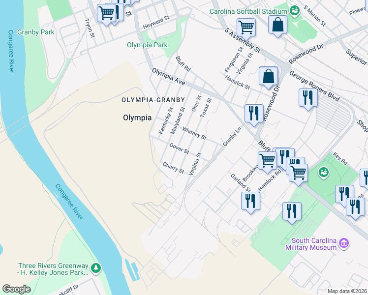 map of restaurants, bars, coffee shops, grocery stores, and more near 1327 Dover Street in Columbia