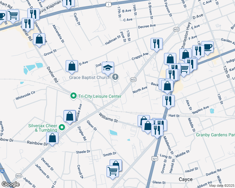 map of restaurants, bars, coffee shops, grocery stores, and more near 1800 Platt Springs Road in West Columbia