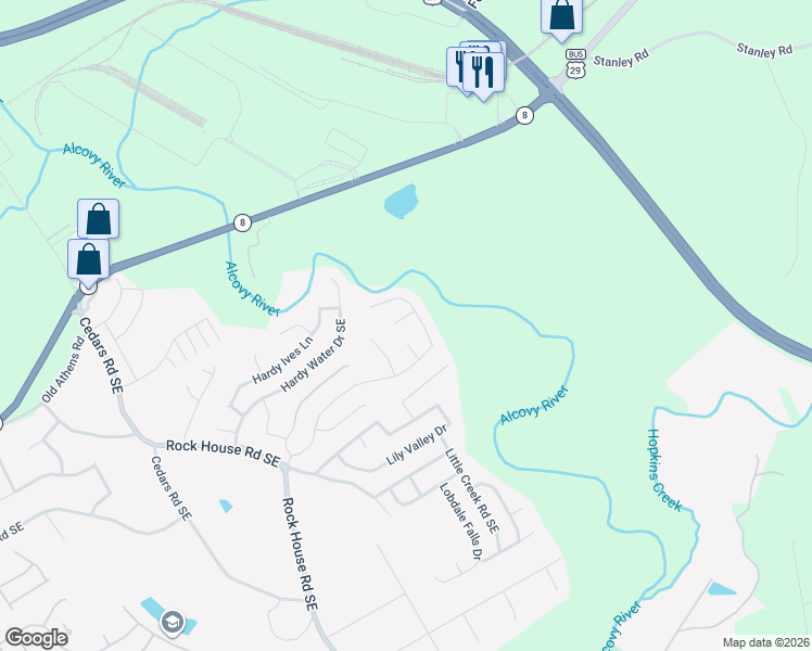 map of restaurants, bars, coffee shops, grocery stores, and more near 1441 Brushed Lane in Lawrenceville