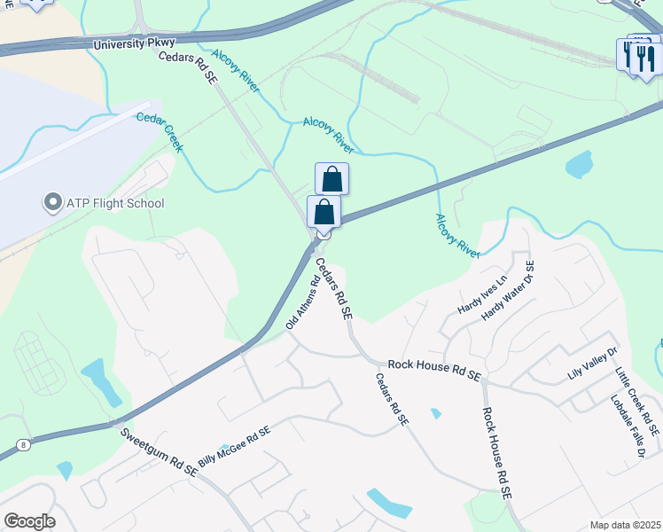 map of restaurants, bars, coffee shops, grocery stores, and more near 1575 Cedars Road in Lawrenceville