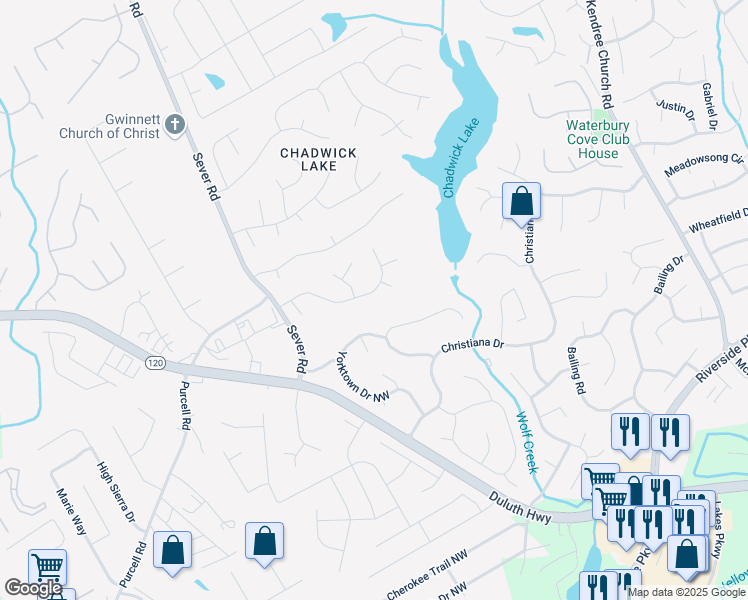 map of restaurants, bars, coffee shops, grocery stores, and more near 1300 Sever Woods Drive Northwest in Lawrenceville